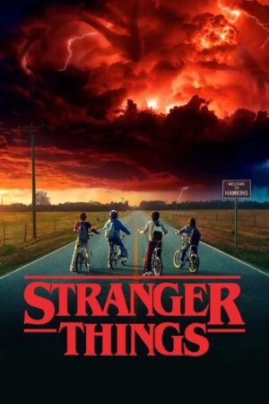 A Stranger Things poster showing the four primary character as we met them in Season 1, though the looming monster in the clouds suggests some of the additional actions that have unfurled if you follow a complete Stranger Things viewing order & reading guide.