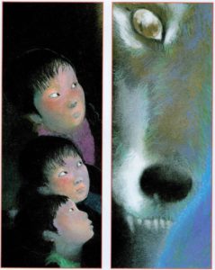The wolf being creepy on the other side of the door from the children in Lon Po Po.